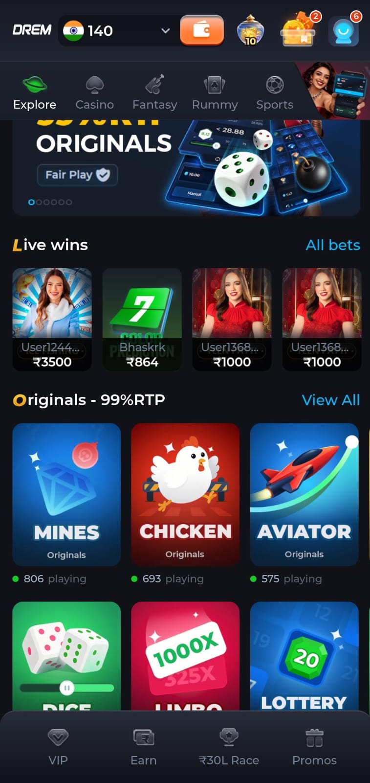 Drem Game Originals Lobby featuring Mines, Aviator, Chicken, and Dice Games