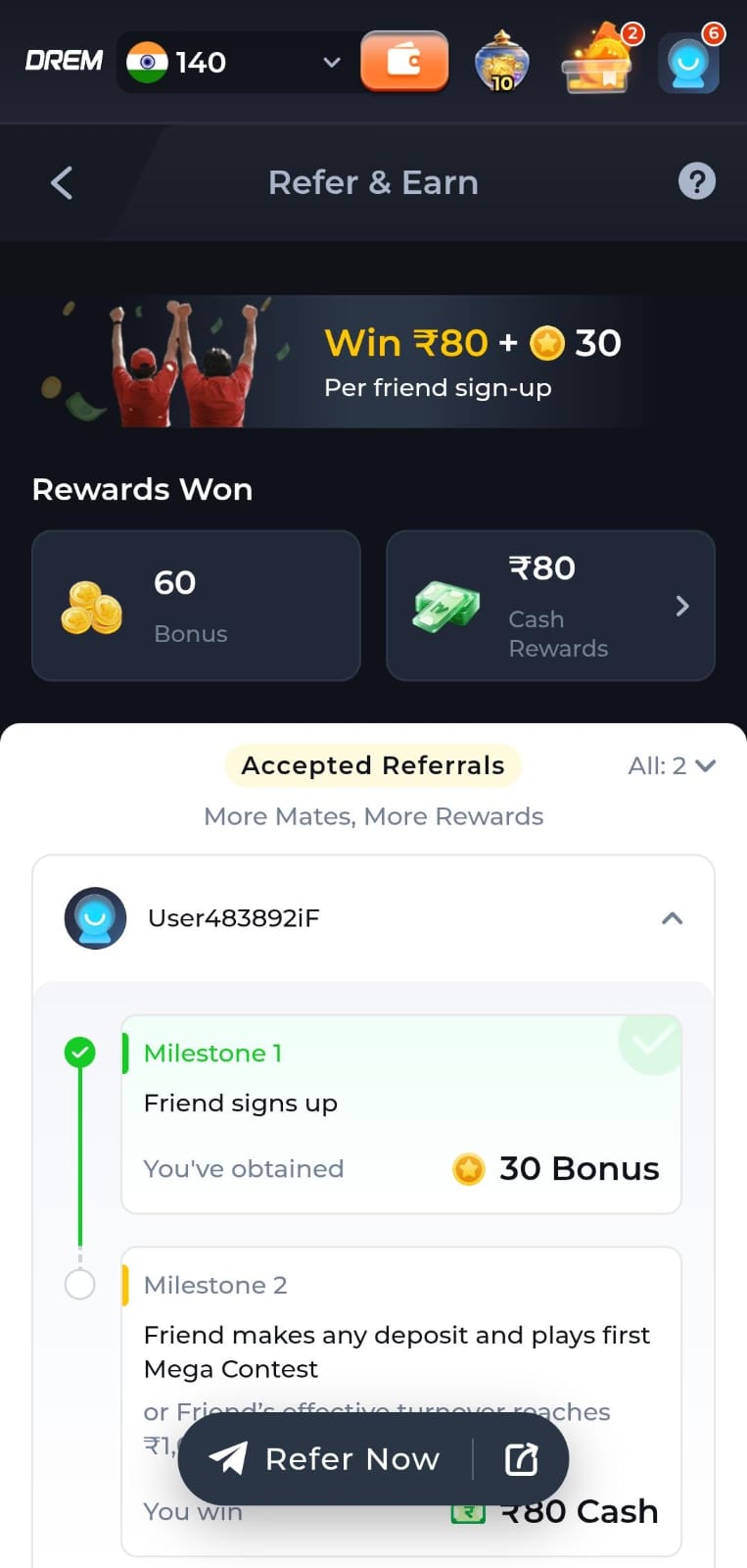 Drem Game Refer and Earn Milestones Tracking Screen