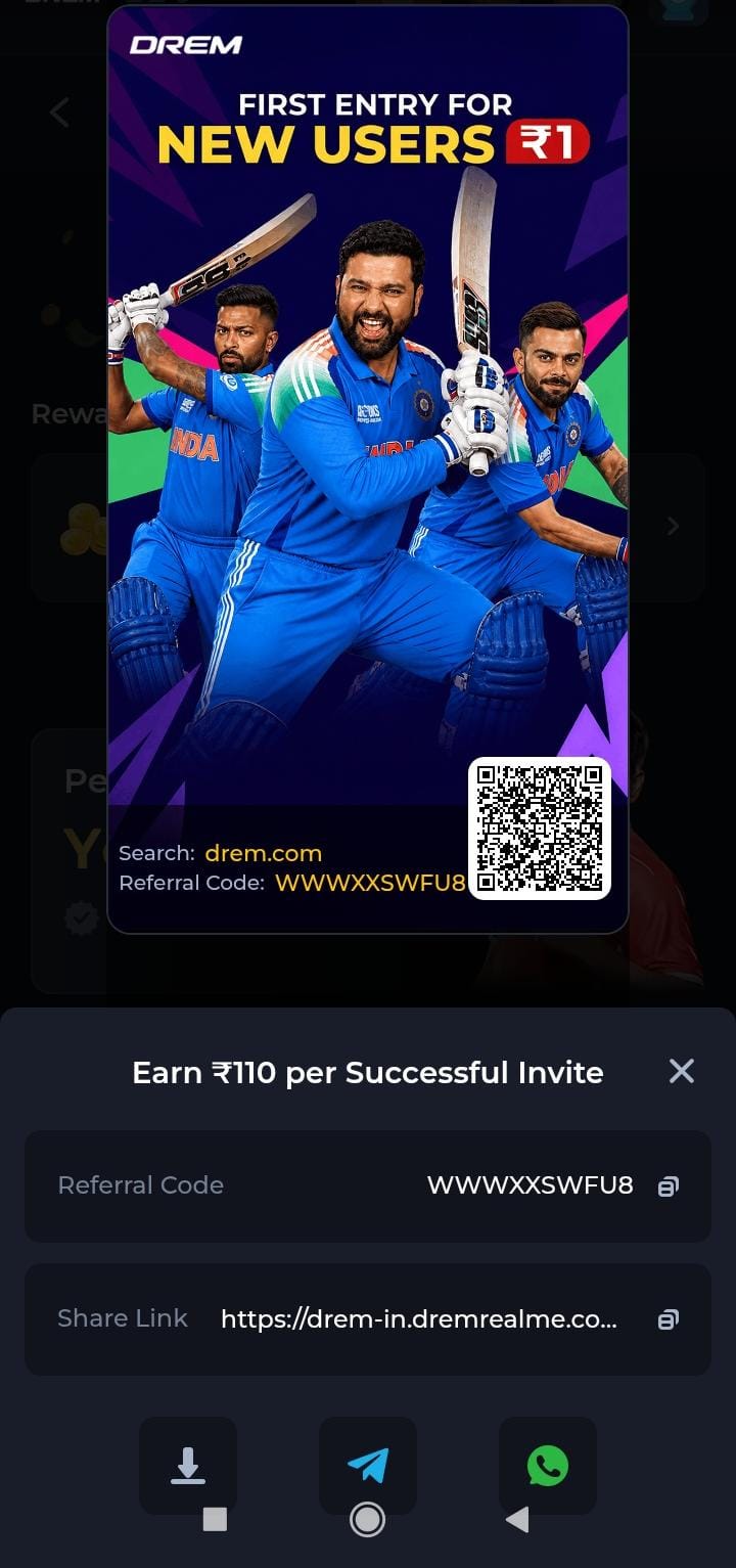 Drem Game New User Promotion with Cricket Players Banner and Referral Code